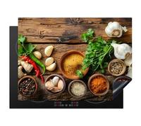 KitchenYeah© Protege Couvre Plaque De Cuisson Deco Cuisine Tapis Protection Protecteur Induction 70x52 cm Herbes - Épices - Basilic - Impression sur bois - Ail