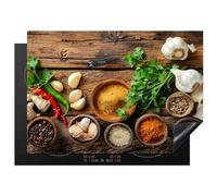 KitchenYeah© Protege Couvre Plaque De Cuisson Deco Cuisine Tapis Protection Protecteur Induction 75x52 cm Herbes - Épices - Basilic - Impression sur bois - Ail