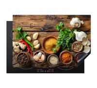KitchenYeah© Protege Couvre Plaque De Cuisson Deco Cuisine Tapis Protection Protecteur Induction 77x51 cm Herbes - Épices - Basilic - Impression sur bois - Ail