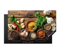 KitchenYeah© Protege Couvre Plaque De Cuisson Deco Cuisine Tapis Protection Protecteur Induction 85x52 cm Herbes - Épices - Basilic - Impression sur bois - Ail