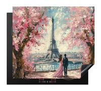 KitchenYeah© Protège Plaque Induction 59x52 cm Deco Cuisine Accessoire Pratique Protection De Vitroceramique Kitchen Gadget Tour Eiffel - Couple - Rose - Romantique - Arbres - Paris
