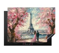 KitchenYeah© Protège Plaque Induction 70x52 cm Deco Cuisine Accessoire Pratique Protection De Vitroceramique Kitchen Gadget Tour Eiffel - Couple - Rose - Romantique - Arbres - Paris