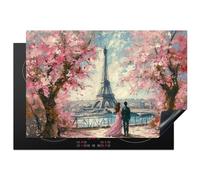 KitchenYeah© Protège Plaque Induction 76x51 cm Deco Cuisine Accessoire Pratique Protection De Vitroceramique Kitchen Gadget Tour Eiffel - Couple - Rose - Romantique - Arbres - Paris