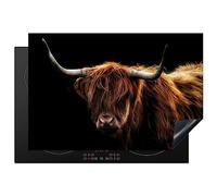 KitchenYeah© Protege Plaque Induction Deco Cuisine Accessoires Pratique | 77x51 cm - Protection De Vitroceramique Highlander écossais - Cornes - Noir - Animaux - Nature - Sauvage - Vache