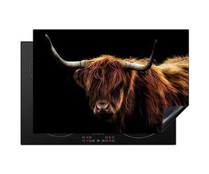 KitchenYeah© Protege Plaque Induction Deco Cuisine Accessoires Pratique | 77x51 cm - Protection De Vitroceramique Highlander écossais - Cornes - Noir - Animaux - Nature - Sauvage - Vache