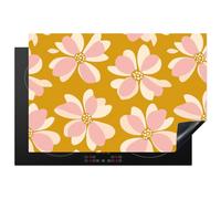 KitchenYeah© Protege Plaque Tapis Pour Induction 78x52 cm Deco Cuisine Protection Vitrocéramique Cuisiniere Vintage - Fleurs - Jaune ocre