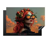 KitchenYeah© Protege Plaque Tapis Pour Induction 78x52 cm Deco Cuisine Protection Vitrocéramique Pour Cuisiniere Femme - Couronne - Tomate - Basilic - Lunettes de Soleil