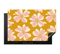 KitchenYeah© Protege Plaque Tapis Pour Induction 80x52 cm Deco Cuisine Protection Vitrocéramique Cuisiniere Vintage - Fleurs - Jaune ocre