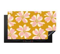 KitchenYeah© Protege Plaque Tapis Pour Induction 90x52 cm Deco Cuisine Protection Vitrocéramique Cuisiniere Vintage - Fleurs - Jaune ocre