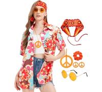 KitChocoLot Ensemble chemisier hippie pour femme - Costume hawaïen - Chemise Flower Power - Style rétro des années 70, 80, 90 - Tenue de carnaval, Orange, L