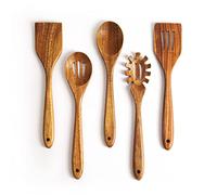 KITEISCAT Cuillères en bois d'acacia pour la cuisine : ensemble de 5 ustensiles de cuisine et de cuisine - Spatule en bois, cuillère à fente et cuillère à pâtes - Ensemble d'ustensiles essentiels en
