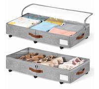KitHero Lot de 2 boîtes de rangement sous le lit avec roulettes de 15,2 cm avec couvercle transparent, panier à roulettes pour chaussures, draps, pulls - Gris