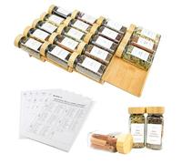 KitHero Organiseur de tiroir à épices avec 18 pots à épices avec couvercle en bambou, 216 étiquettes, 50 caoutchouc antidérapant, plateau d'assaisonnement à 4 niveaux pour tiroirs de cuisine, armoires