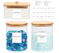 KitHero Récipient à dosettes de linge en verre et support de feuille de sèche-linge en acrylique avec couvercles, cuillères et étiquettes en bambou | Organisation et rangement de qualité supérieure