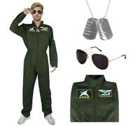 Kitimi Costume Aviateur Homme, Deguisement de Pilote Hommes, Costume De Pilote De Chasse Adulte et Collier Chien Les Lunettes de Soleil,Combinaison Aviateur Homme pour Carnaval Halloween Cosplay