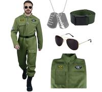 Kitimi Costume Aviateur Homme, Deguisement de Pilote Hommes, Costume De Pilote De Chasse Adulte et Collier Chien Les Lunettes de Soleil,Combinaison Aviateur Homme pour Carnaval Halloween Cosplay
