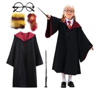 Kitimi Déguisement Harry pour enfant, 5 pièces Hermione, avec baguette magique, cape, lunettes, cravate, écharpe, cosplay costume pour enfants, Halloween Journée mondiale du livre de fête de carnaval