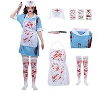 Kitimi Déguisement Infirmière Halloween Femme Costume Infirmière Halloween avec Robe Chapeau Tablier Chaussette, Deguisement Zombie Femme pour Carnaval Cosplay