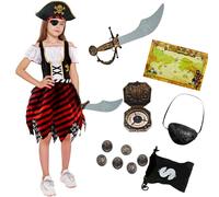 Kitimi Déguisement Pirate Fille Costume Pirate Enfant Deguisement Pirate Accessoires avec Pirate Robe Chapeau Pirate Cache Oeil Sabre Compass Bourse Boucle d'oreille pour Carnaval Halloween Costume