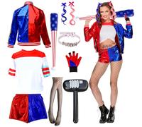 Kitimi Déguisement Quin-n Femme, Costume Halloween Carnaval Fille Avec Veste T-shirt Short Tour de cou Chauve-souris et Gant, Thème Des Déguisements Cosplay Pour Carnaval Halloween(XXL)