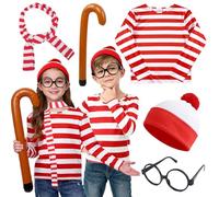 Kitimi Ensemble de 5 pièces pour enfants, garçons et filles, haut rayé rouge et blanc avec lunettes Nerd, écharpe, bonnet, béquilles, accessoires, déguisement pour la journée mondiale du livre