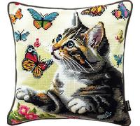 kitphoenix Kit Complet de Crochet pour Coussin Chat Tapis DIY Broderie Kit Tapis Point Noué à Faire pour Débutants, Adultes ou Enfants,Latch Hook Canevas Coussin Point 43x43cm