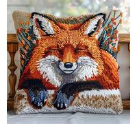kitphoenix Kit Complet de Crochet pour Coussin Renard Tapis DIY Broderie Kit Tapis Point Noué à Faire pour Débutants, Adultes ou Enfants,Latch Hook Canevas Coussin Point 43x43cm