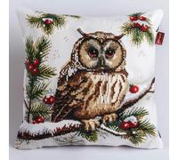 kitphoenix Kit Coussin Point Noué 43x43 cm,Chouette de Noël,Housse de Coussin à Réaliser au Crochet à Loquet,Kit DIY Débutants et Adultes,Activité Créative pour Enfants et Adultes