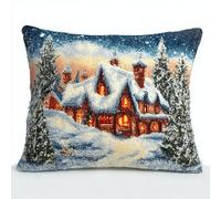 kitphoenix Kit Crochet à Loquet Complet,Housse de Coussin Point Noué DIY 43x43cm,Paysage rural de Noël,Kit Créatif Facile pour Débutants Enfants Adultes,pour Déco Maison et Loisirs Manuels Amusants