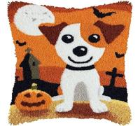 kitphoenix Kit de coussin à crochet DIY pour adulte,motif imprimé d'un adorable Jack Russell d'Halloween au dos,fil à crocheter,crochet et loquet inclus,taie d'oreiller,43x43 cm - 1