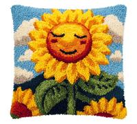 kitphoenix Kit de coussin à crochet pour débutants,motif tournesol souriant,comprenant une toile imprimée,une aiguille et du fil à crocheter,ainsi qu'un outil pour réaliser soi-même 43x43 cm
