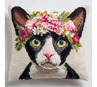 kitphoenix Kit de tapisserie Latch Hook 43x43 cm,Motif pré-imprimé de portrait de chat Cornish Rex portant une couronne de fleurs,Kit de crochet pour débutant,Housse de coussin décorative 43x43 cm-4