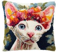 kitphoenix Kit de tapisserie Latch Hook 43x43 cm,Motif pré-imprimé de portrait de chat Cornish Rex portant une couronne de fleurs,Kit de crochet pour débutant,Housse de coussin décorative 43x43 cm