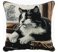 kitphoenix Kit de Tapisserie pour Coussin Chat Tapis DIY Broderie Kit Tapis Point Noué à Faire pour Débutants, Adultes ou Enfants,Latch Hook Canevas Coussin Point 43x43cm