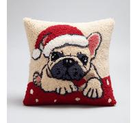 kitphoenix Kit DIY Point Noué Coussin Bouledogue français de Noël,Kit Crochet Latch Hook pour Housse de Coussin 43x43 cm,avec Outil,Loisirs Créatifs pour Enfants et Adultes