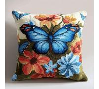 kitphoenix Kit Point Noué Coussin,Fleurs de papillon Crochet de Verrouillage Kits de Coussins avec Crochet,Tapis Point Noué à Faire,Latch Hook Canevas Coussin Point,43x43cm