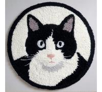 kitphoenix Rond Kit De Tapis De Crochet À Point Noué Di Chat Noir Et Blanc 50X50Cm Coussin Au Crochets À Loquet Bricolage, Création De Tapis À Crocher Pour Adultes Et Enfants, Modèle De Coule