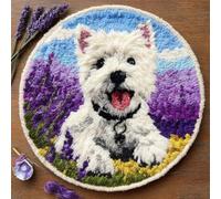 Kitquiver Animal Diy Crochet Kit Debutant Chien Blanc Et Fleurs De Lavande Kit De Crochet Pour Tapis，Idéal Pour La Décoration Intérieure. Kits De Crochets Pour Débutants，Enfants Et Adultes. 80x80cm