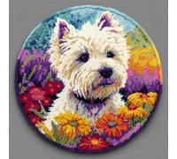 Kitquiver Animal Kits De Fabrication De Tapis Chien Blanc Et Fleurs Kit De Crochet Pour Tapis，Idéal Pour La Décoration Intérieure. Kits De Crochets Pour Débutants，Enfants Et Adultes. 80x80cm