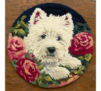 Kitquiver Animal Latch Hook Rug Kit Chien Blanc Et Roses Kit De Crochet Pour Débutants，Tapis Tapisserie，Kits De Nouage Pour Adultes. 50x50cm