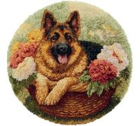 Kitquiver Chiens Animaux Kit De Crochet Peluche Berger Allemand Dans Un Panier À Fleurs Kit De Crochet Pour Débutants，Tapis Tapisserie，Kits De Nouage Pour Adultes. 50x50cm