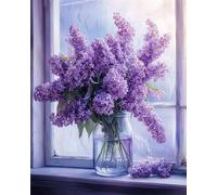 Kitquiver DIY 5D Kits De Broderie Diamant Fleurs Violettes Près De La Fenêtre Kits D'Art En Cristal,Kit De Peinture Diamant Ronds Complets Pour Décoration Murale De Maison,Cadeaux 40x50cm