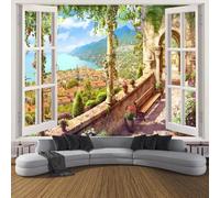 Kitquiver Papier Peint Photo 3D Vue Sur La Mer Depuis La Fenêtre Du Balcon Papier Peint Photo 3D Pour Salon,Cuisine,Chambre À Coucher,Toile De Fond Artistique 150x105cm