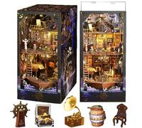 Kits Book Nook, DIY Dollhouse Miniature Kit, Bookshelf Insert Decor, 3D Wooden Puzzle Booknook Mini with LED Light and Small Music Box for Creative Ssembled Bookends (Bateau Pirate)