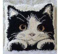 Kits d'artisanat de crochet de loquet de bricolage Kit d'oreiller à point d'aiguille de chat noir et blanc Animaux mignons DIY Crochet de loquet Coussin Coussin Tapis de broderie Kits d'ar 43x43cm
