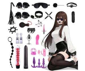 Kits de Bondage Ninonly 26Pièces Jouet Adulte Couple avec Menottes Réglables,Entraves pour Pieds,Fouet,Masque pour les Yeux,Tige à Plumes,Vibrateur Jouet Adulte pour Couples Hommes Femmes
