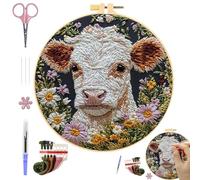 Kits de broderie faciles pour débutants, kit de broderie pour débutants | Kit de broderie de fleurs de Cow Daisy Flower Bordery Punch Needle Kit | Comprend des instructions pour les aiguilles à