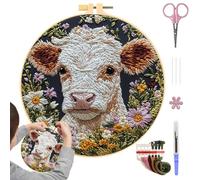 Kits de broderie faciles pour débutants, kit de broderie pour débutants | Kits de point d'aiguille de fleur de vache et marguerite pour adultes,Kit artisanal coloré fait à la main, comprenant cerceau