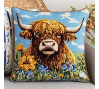 Kits De Coussin Au Point De Croix Pour Les Vaches Des Highlands Dans Le Champ De Fleurs 45X45Cm Point De Croix De Taie D'Oreiller 11Ct Cross Stitch Embroidery Starter ,De Couture À La Main Pour Adult