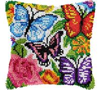 Kits de crochet de loquet carré pour housse de coussin fleur papillon à faire soi-même - Kit de fabrication de coussin au point de croix - Couleur pré-imprimée - 43,2 x 43,2 cm (58)